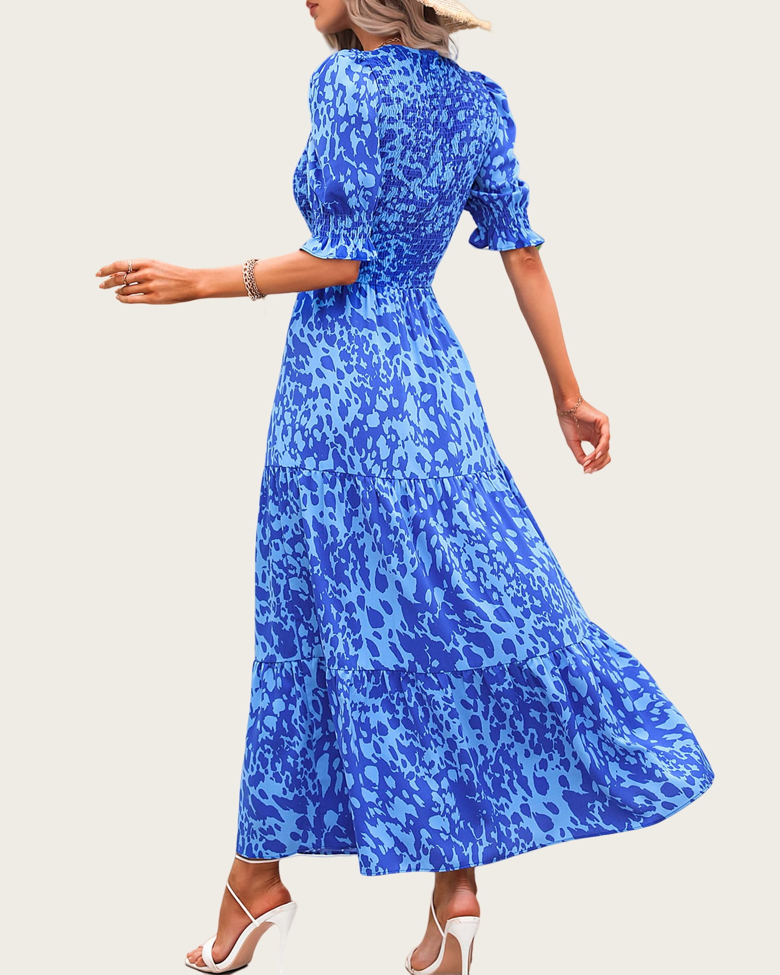 FreshPretty Women Casual Summer Dresses Spring Crew Neck Ruffle Short Sleeve Floral Print Smocked Boho Flowy Maxi Dress