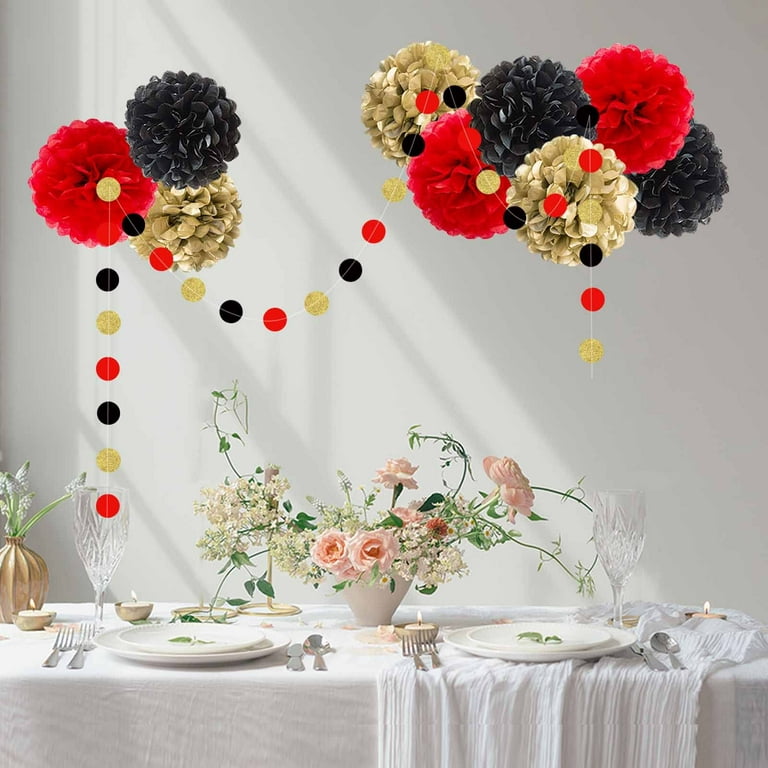 lihoota black and gold party decorations - masquerade and birthday party  decorations with diy paper pom poms flowers, tassel garland