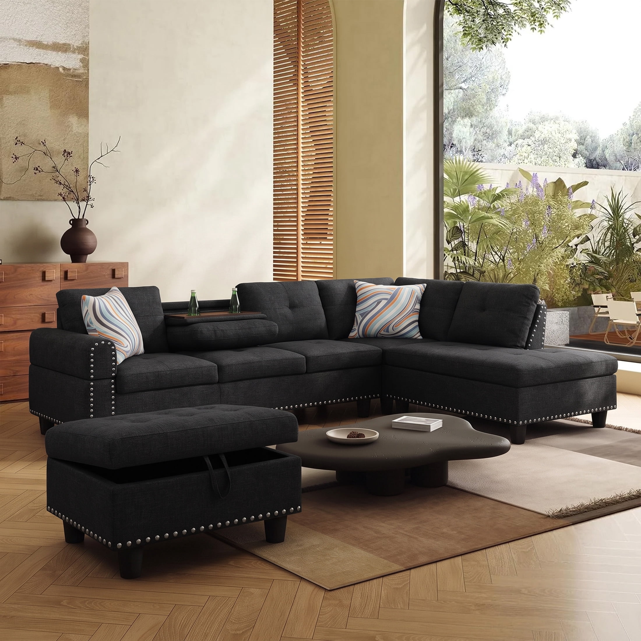 AENKYO 98" L-Shaped Sectional Sofa with Reversible Chaise, Storage Ottoman & Cup Holders, Linen, Black Gray