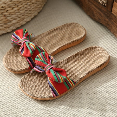 

Women EVA Stripes Bow lippers Thick Cotton Linen Slippers Flip Flops Shoes