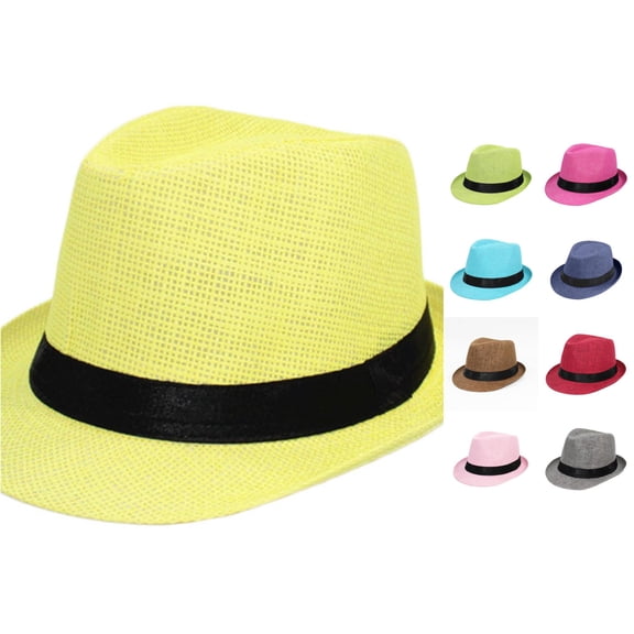VOUZZA Kids Unisex Jazz Hat Linen Straw Short Brim Fedora Caps Children Breathable UV Protection Sun Screen Jazz Panama Top Hats