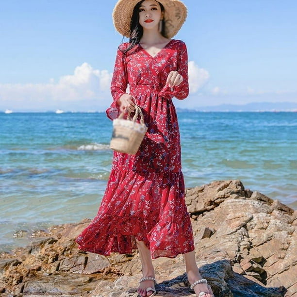 Cutelove Cutelove Women S Floral V Neck One Piece Dress Spring Autumn Winter Long Sleeve Ladies High Waist Dress Red Walmart Com Walmart Com