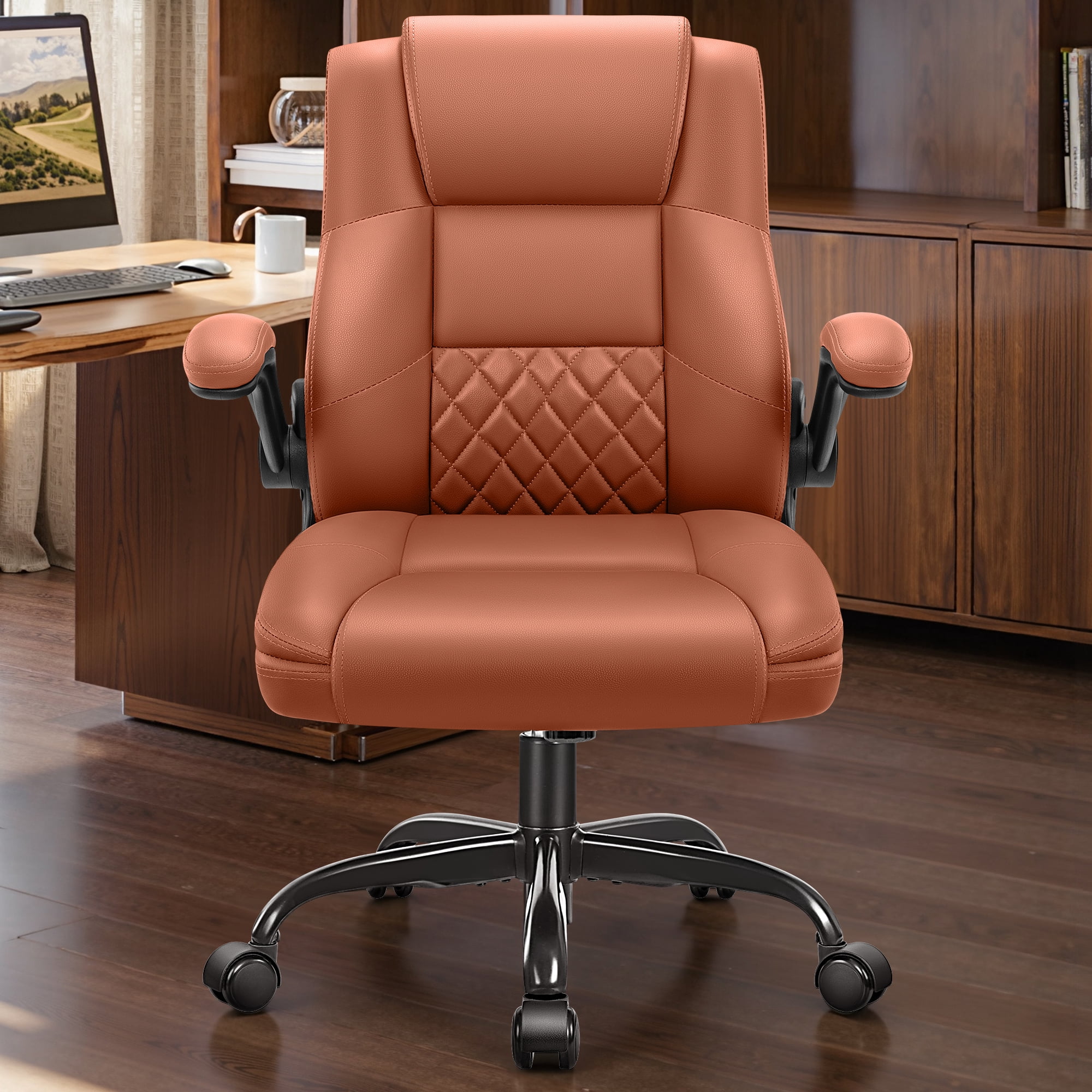 COOLHUT Office Chair, Executive Leather Chair Home Office Desk Chairs, Computer Chair with Adjustable Flip-up Padded Arms, Lumbar Support Swivel Desk Chair with Adjustable Hight and Tilt, Brown