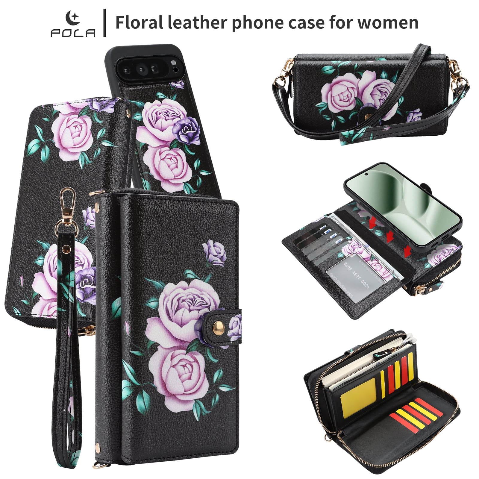 TECH CIRCLE 2-in-1 Wallet Case for Google Pixel 10 / 10 Pro (6.3", 2025), Detachable Magnetic Back Cover, Flip Flower Phone Case with 15 Card Slots, Zipper Pocket, Crossbody Strap, Wrist Strap, Black