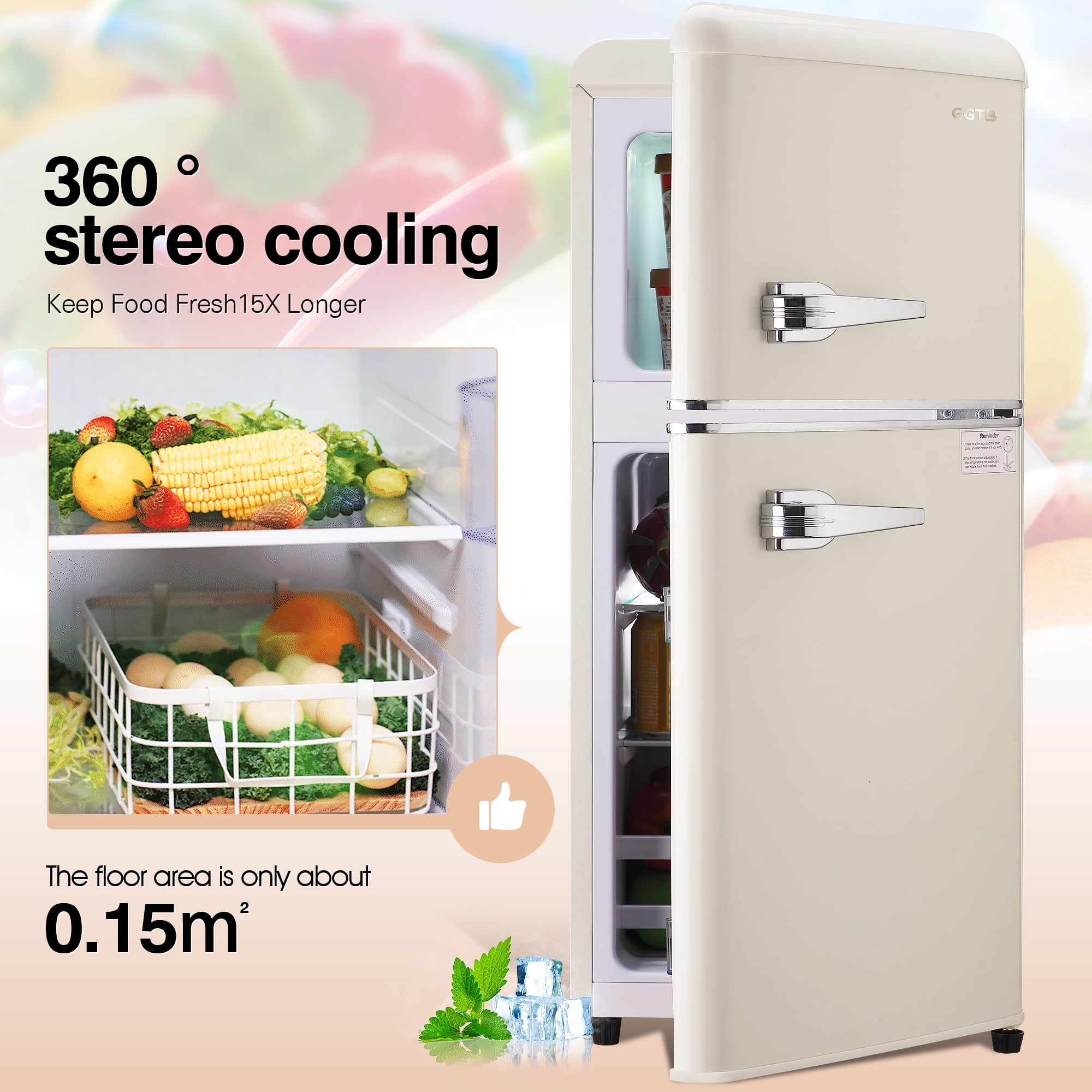 GGTB 3.0 Cu. Ft. Retro Mini Fridge with Freezer, Cream 2-Door Compact Refrigerator for Bedroom, Dorm & Office, Adjustable Temperature, Quiet Operation, Vintage Style Small Fridge