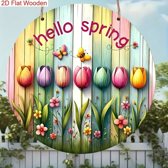 HELLOYOUNG Spring Wooden Sign Decor Colorful Tulips Butterflies Front Door Wall Art Hanger Durable Outdoor Indoor Hanging Decoration