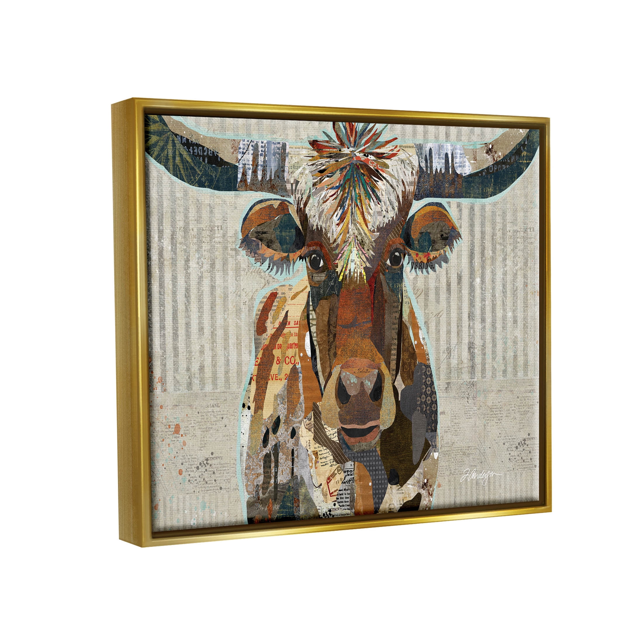 Stupell Industries Farm Cattle Striped Pattern Collage Graphic Art Metallic Gold Floating Framed Canvas Print Wall Art, Design by Traci Anderson