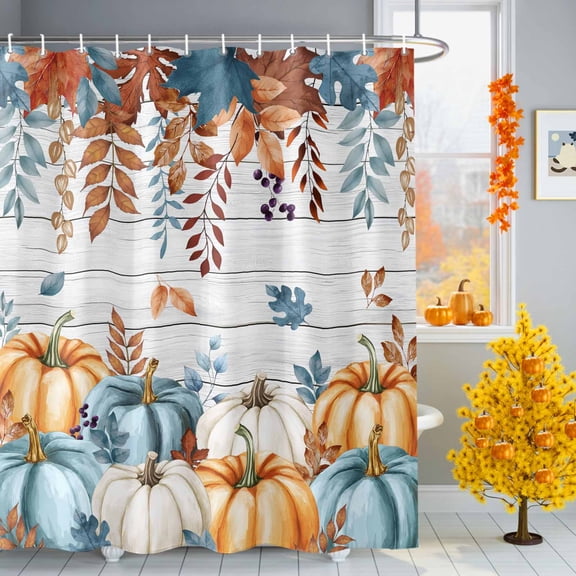 Harvest Pumpkin Shower Curtains for Bathroom, Fall Thanksgiving Orange Blue Eucalyptus Leaves Wood Waterproof Fabric Shower Curtain for Bathroom Bathtub Decoration, Machine Washable, 36"x72"