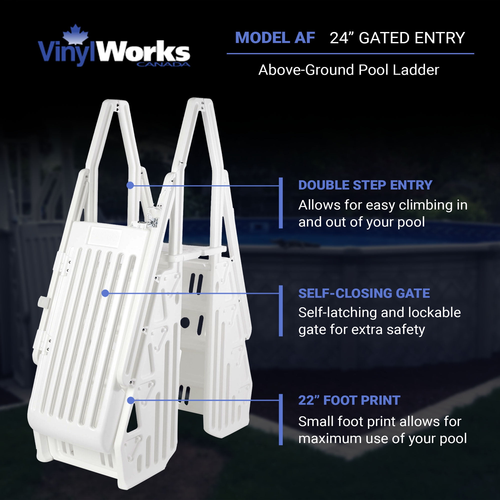 Vinyl Works AF Adjustable 24" Gated Entry Above Ground Pool Ladder, White