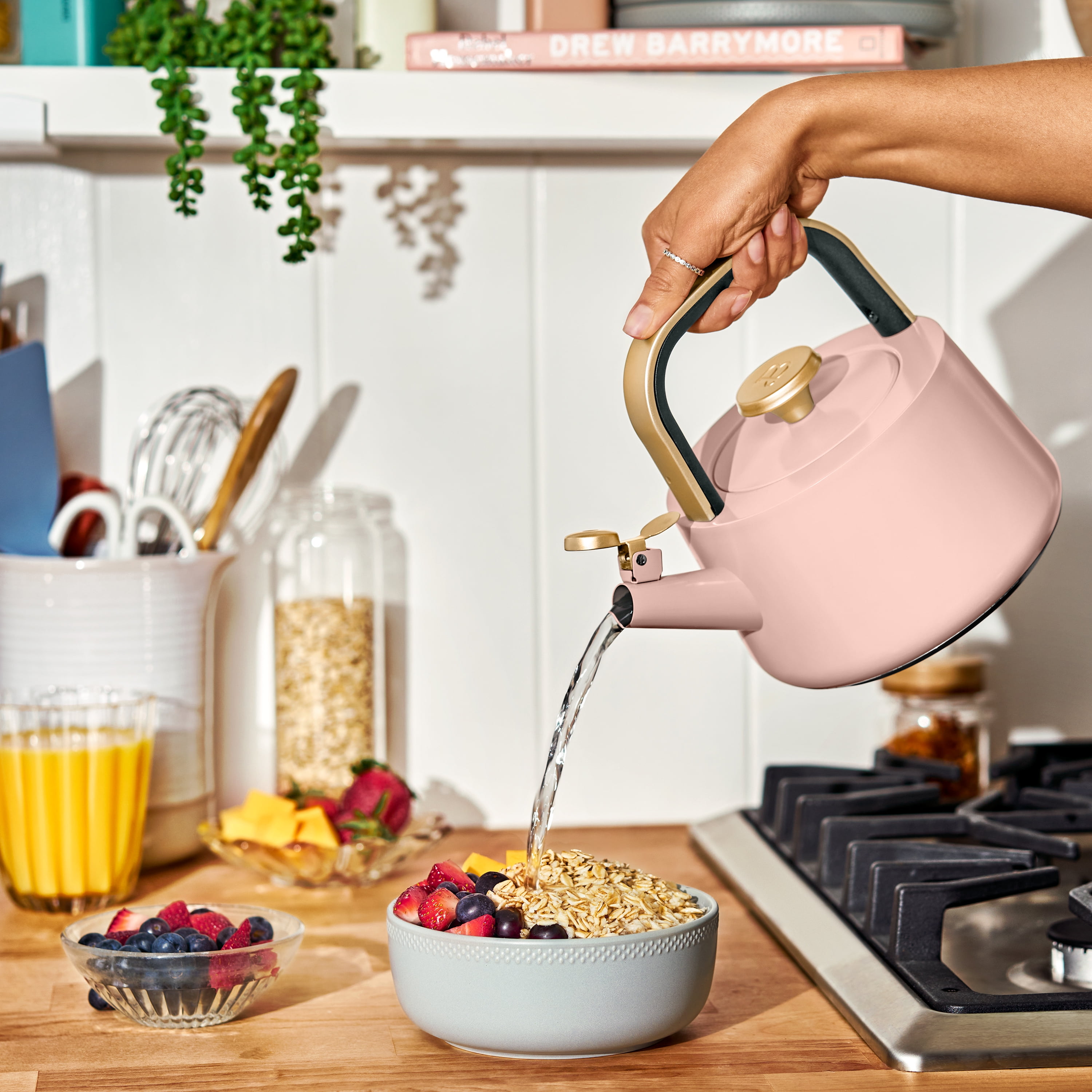 Beautiful 1.8L Ceramic Non-Stick Stovetop Tea Kettle, Rose by Drew Barrymore
