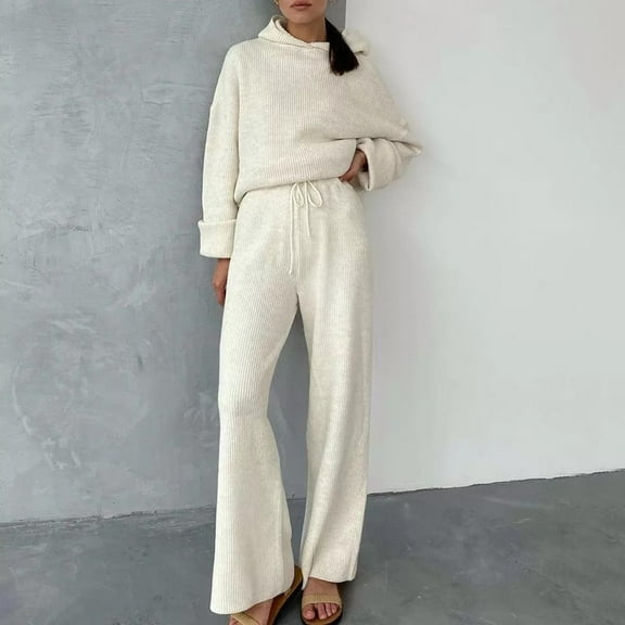 Wiyuqeen Women's Casual 2 Piece Outfits Ribbed Knit Long Sleeve Pullover Hoodie and Pants Sets Elegant Loose Fit Drawstring Loungewear Pant Sets