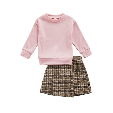 

Suanret Lovely Kids Baby Girls Clothes 2pcs Long Sleeve Solid Sweatshirt Tops+Plaids Print A-Line Skirts Set Pink 3-4 Years