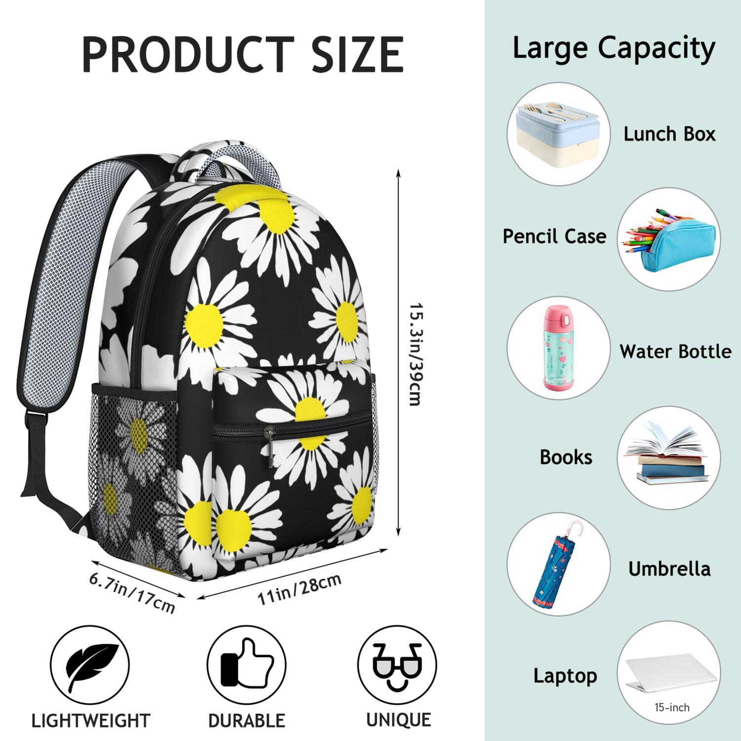 Daisy and Bee Illustration Bookbag - Ergonomic Spinal Support & Waterproof for Commuters