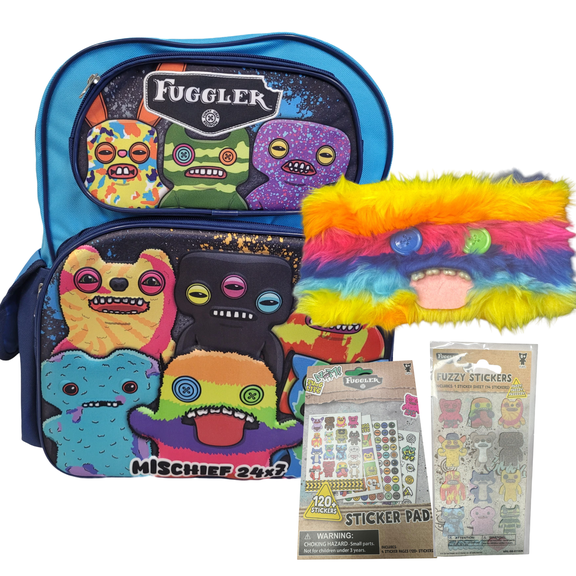 Fuggler Back to School Bundle - 16" Backpack, Oogah Boogah Pencil Case, Fuzzy Stickers & Sticker Pad