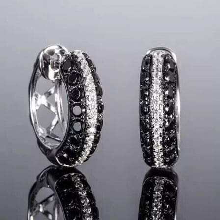 2.20Ct Round Cut Lab Created Black & White Diamond Hoop Earrings 14K White Gold Plated For Women's Silver