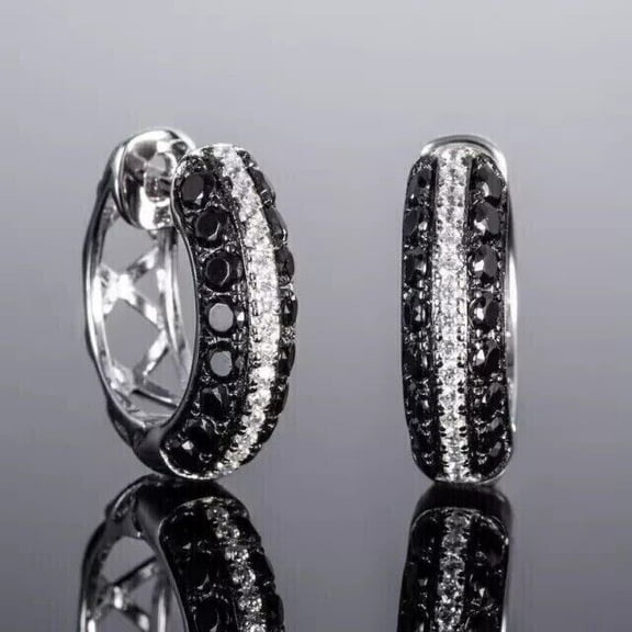 2.20Ct Round Cut Lab Created Black & White Diamond Hoop Earrings 14K White Gold Plated For Women's Silver