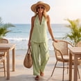 thumbnail image 6 of Womens Summer 2 Piece Set Halter Neck Sleeveless Top Pant Sets Casual Linen Striped Lounge Outfits with Pockets, 6 of 9