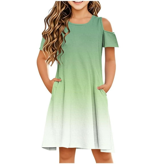 hengsof Girls Fashion Printed Off Shoulder Dress, Summer Round Neck Short Sleeve Waist Pocket Dress, Suitable for Children Aged 3-14