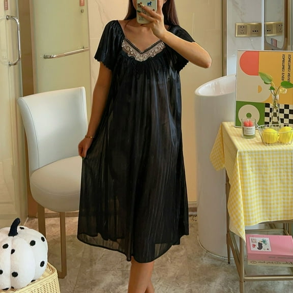 Aobny Silk Soft Nightgowns for Woman Black Long Short Sleeve V-Neck Solid Mumu Nightshirts for Adult Fall