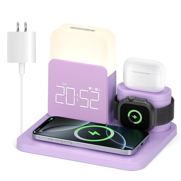 Wireless Charging Station, 7 in 1 Wireless Charger Stand with Dual Alarm Clock, Charging Dock for iPhone17/16/15/14/13/12/11/Pro/Max/Samsung Phone, A