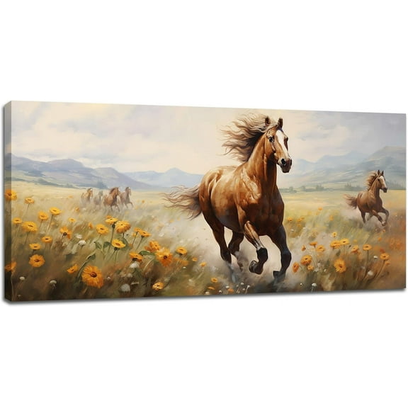 WFSposter-Western Horse Painting Large Wall Art Horses Floral Pictures Wall Decor Landscape Flower Canvas Print Framed Modern Home Artwork Decorations For Living Room Bedroom Office Kitchen Bathroom