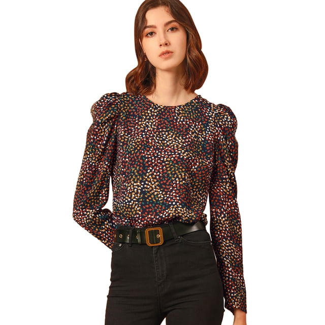 INSPIRE CHIC Blusa Top De Puntos Retro Colorido Manga De Soplo Cuello Redondo Para Mujer Azul Marino M