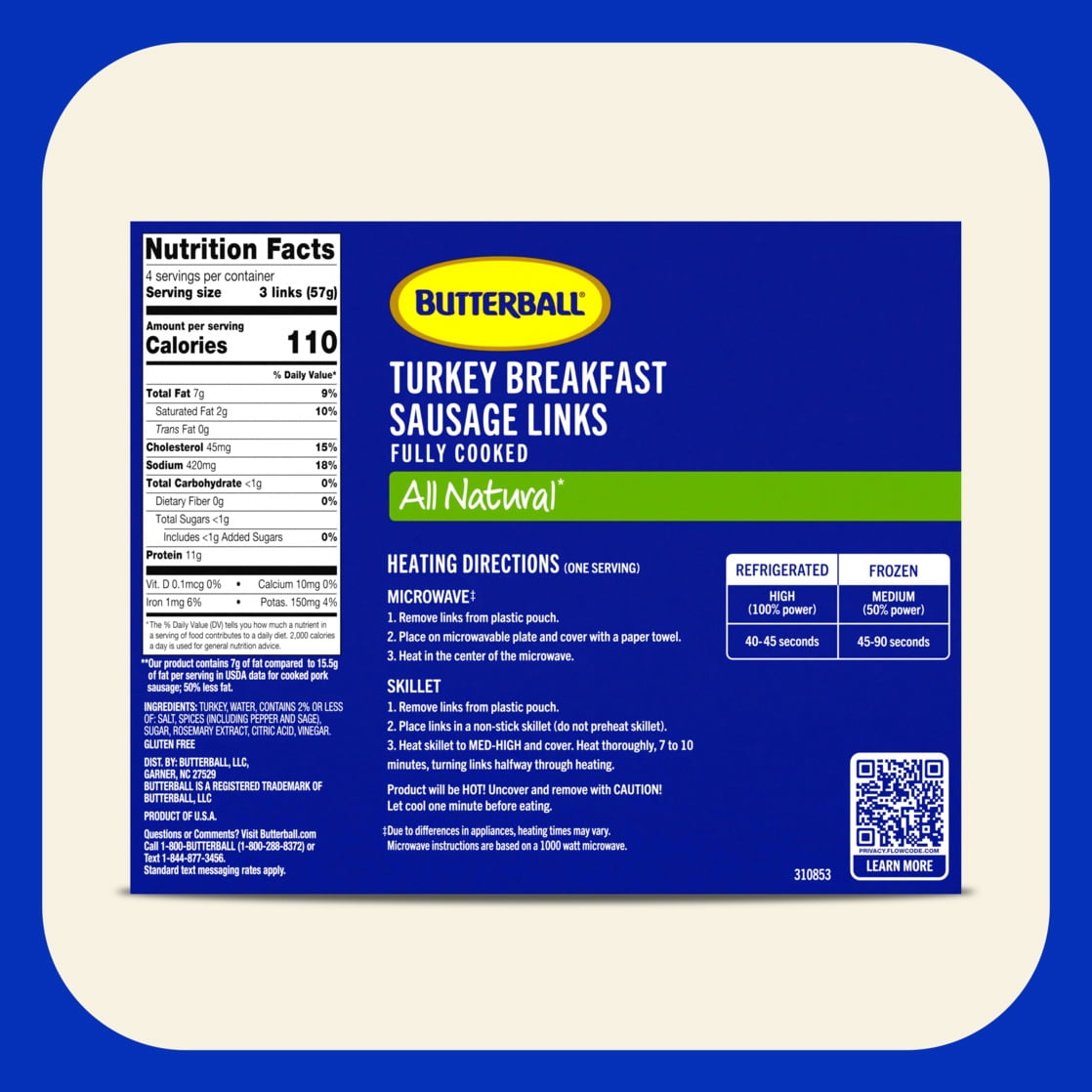 Butterball All Natural Fully Cooked Turkey Breakfast Sausage Links, 12 Links