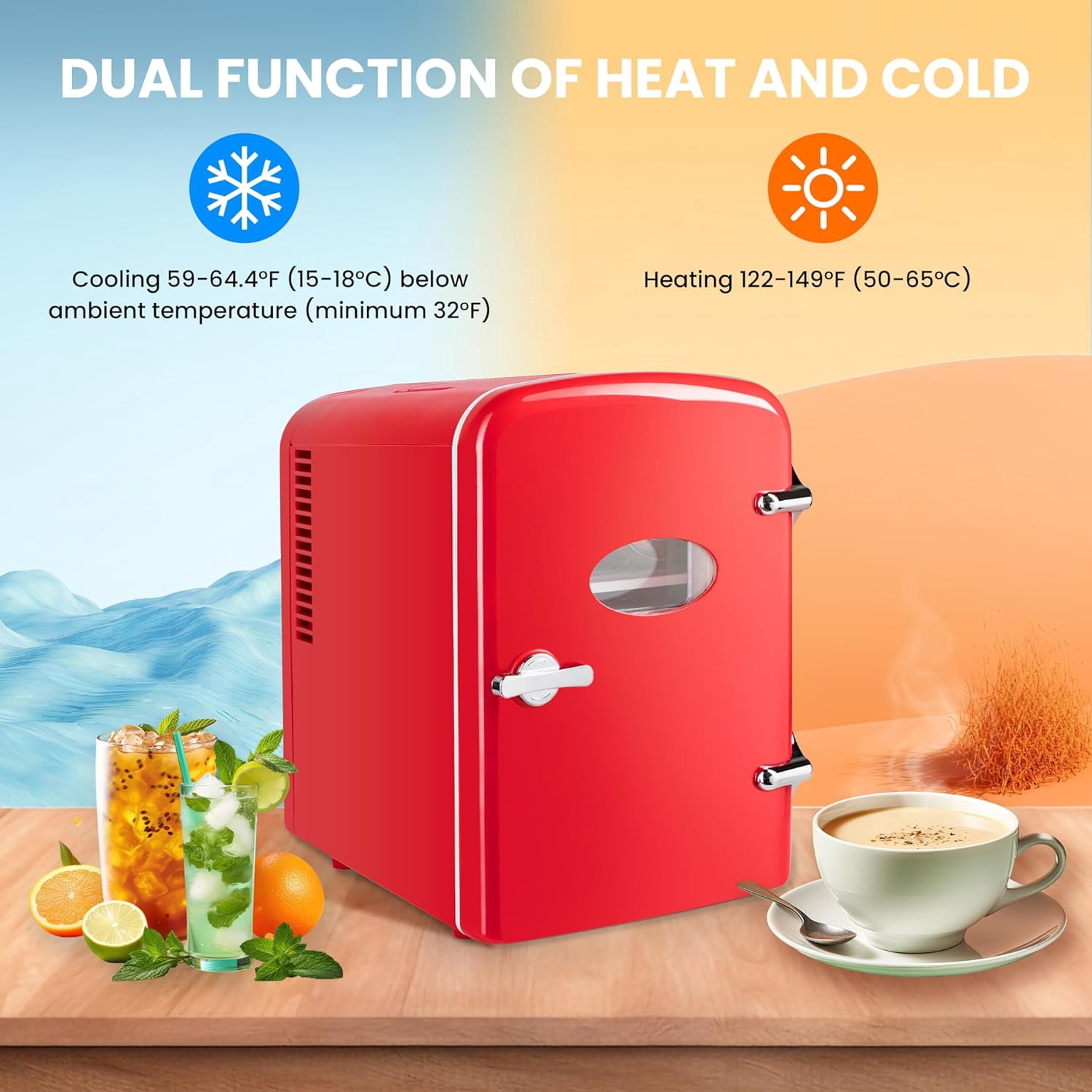 Simple Deluxe 4L/6 Can Mini Fridge with Observation Window, Portable Cooler & Warmer Freon-Free Small Refrigerator, Provide Compact Storage for Skincare, Beverage, for Bedroom, Office, Dorm, Red