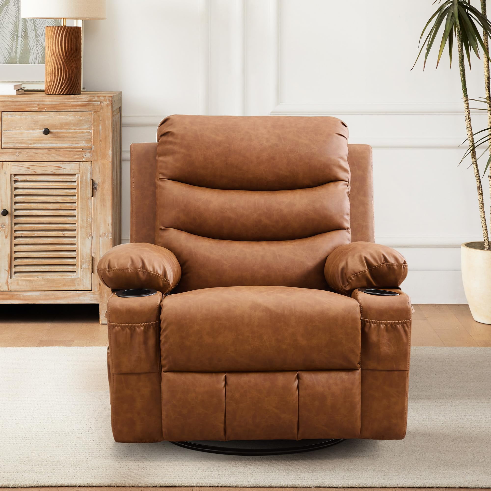 Recliner Chair Nursery, Oversized Manual Reclining Rocking Chair, 360 Swivel Glider with Cup Holder, Massage and Heat Recliner, Indoor Small Single Sofa Chairs for Adults RV Bedroom, Beige/Grey/Brown