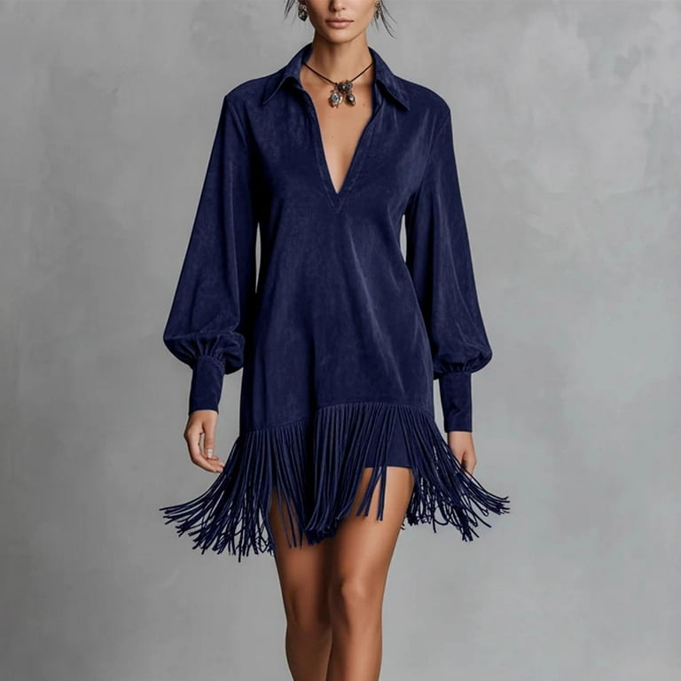 Vekdone Women's Fringe Shirt Dress Suede Tassel Hem V Neck Dress Long Puff Sleeve Boho Casual Dresses Fashion Western Cowboy Mini Dress Navy XL, Blue