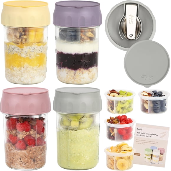 Recipientes de avena para toda la noche SOLIGT de vidrio de 16 oz, paquete de 4 con tapas