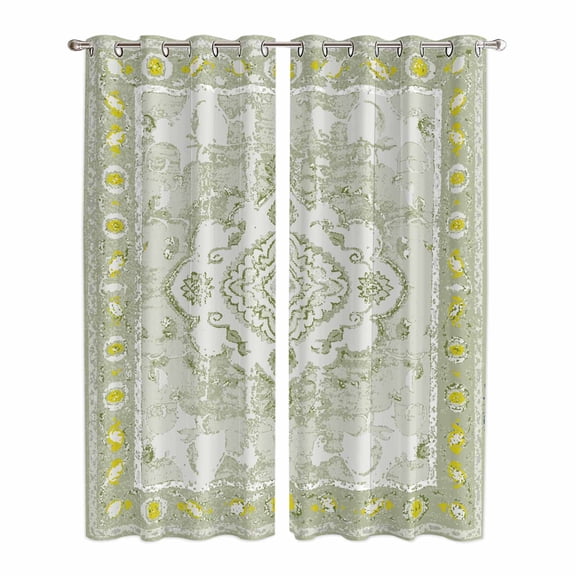Sage Green Kitchen Curtains 96 Inch Length, Boho Retro Decorative Abstract Floral Ethnic Grommet Top Bedroom Living Room Curtains, Light Filtering Cafe Curtain Drapes 2 Panels Set 104''x96''
