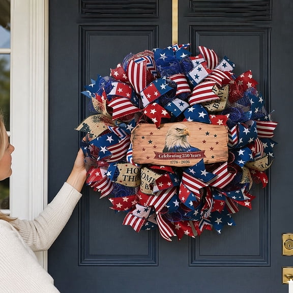 Anniversary Patriotic Wreath, 4th of July Wreath for Front Door with Wooden Eagle Sign & Red White Blue Ribbon, 15 Inch