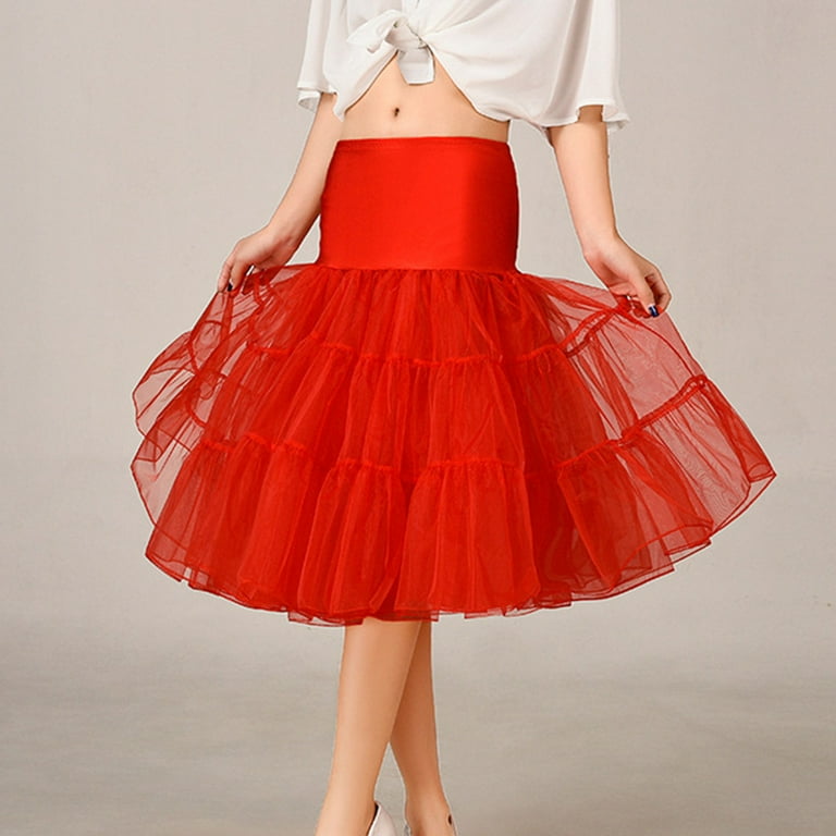 AOOOWER Women 50s Vintage Tulle Petticoat Bright Solid Color Mesh Hoopless Half Slip Underskirt Knee Length High Waist Layered Flared Crinoline Tutu