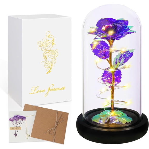 ZJQYDS Christmas Rose Gifts for Women,Birthday Gifts for Women Mom Christmas,Flowers for Delivery Prime,Purple Light Up Rose in A Glass Dome,Anniversary Rose Gift for Her Grandma Valentines Day