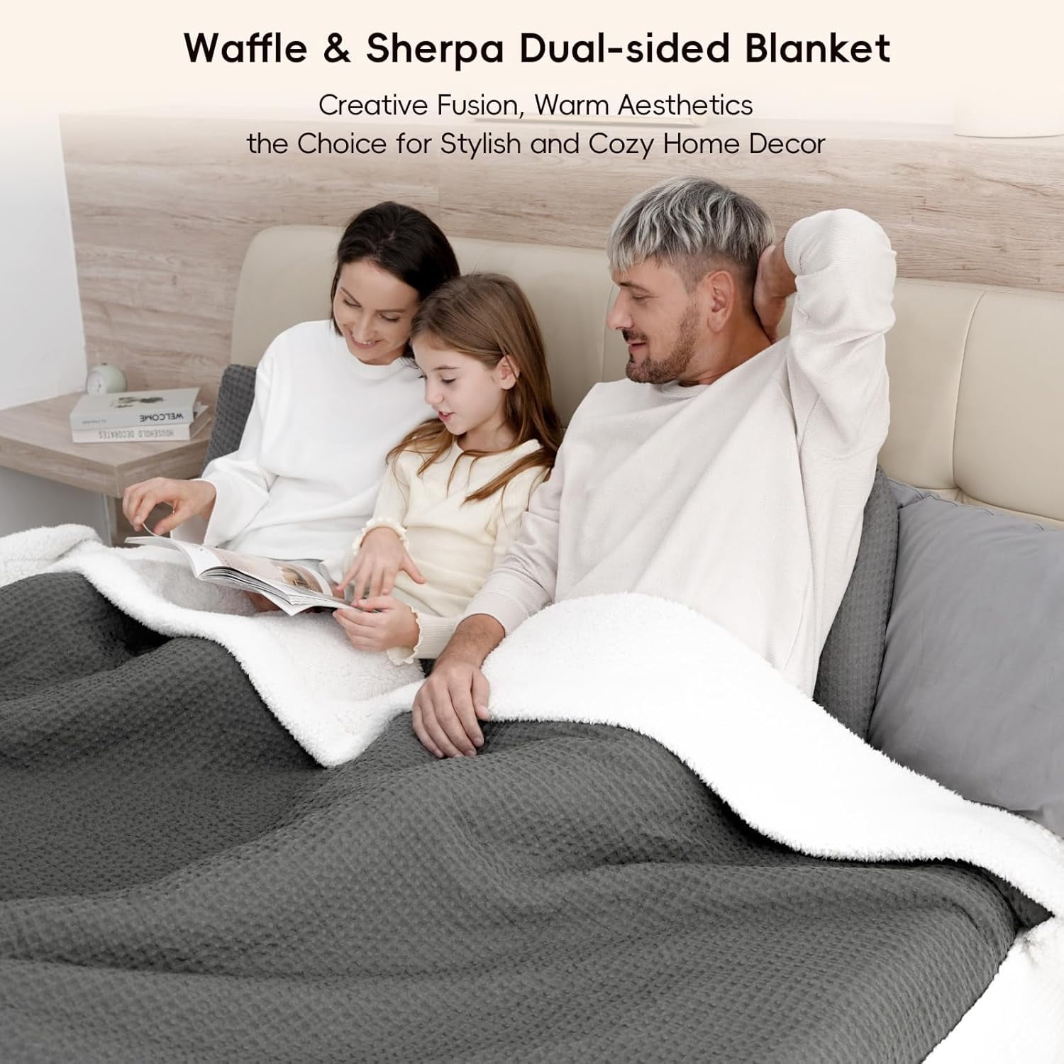 PHF Waffle Sherpa Bed Blanket Twin Size, Cozy Warm Reversible Plush Flannel Blanket for Winter, 60" x 80", Grey