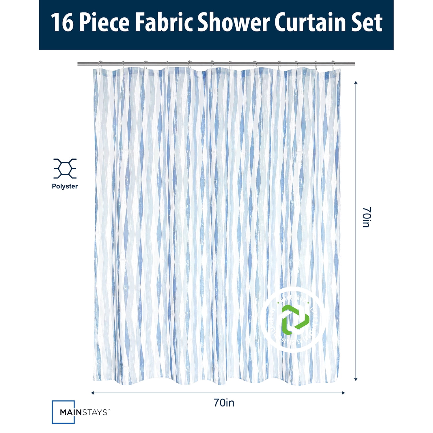 Mainstays 16-Piece Diamond Geo Polyester/Ceramic Shower Curtain & Bathroom Accessory Set, Multi-Color