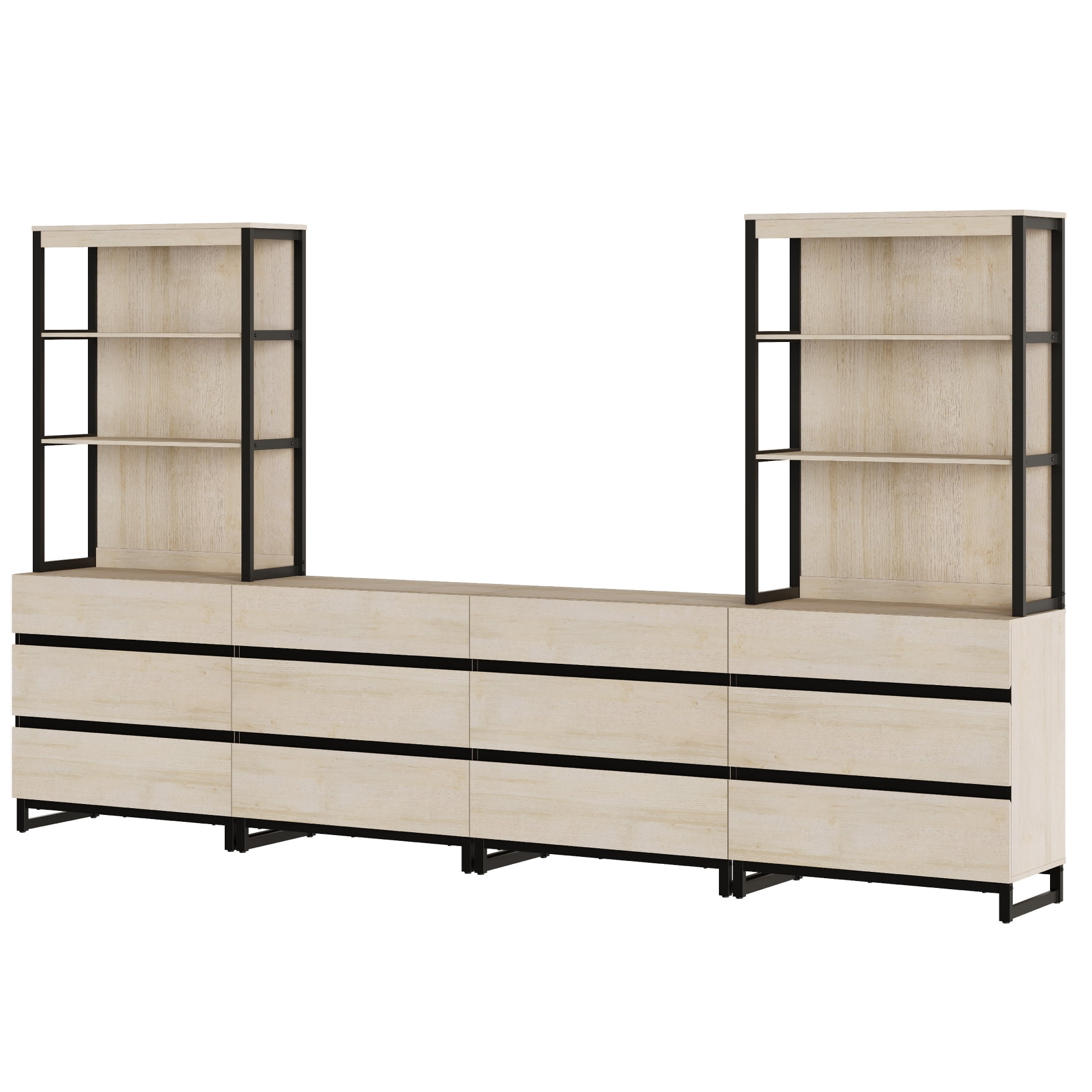 Modern 72" Tall 3 Tier Bookshelf, Bookcase with 12 Drawers & Black Metal Legs, Large Display Library Wood Bookcase Organizers for Home Office, Living Room (Light Oak)