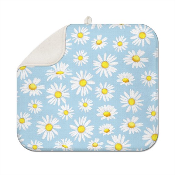 Daisy Dish Drying Mat for Countertop Kitchen Sink Area Microfiber Drainer Pad Foldable Floral Rack Mat Absorbent 16x18 Inch