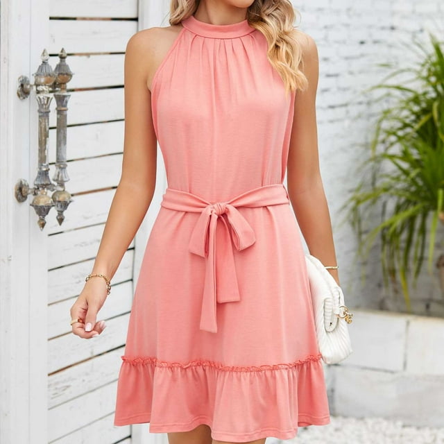 TopLLC Robe Sans Manches à Col Rond Mode Femme Couleur Unie Ceinturée Confortable Robe à Col Rond Femme