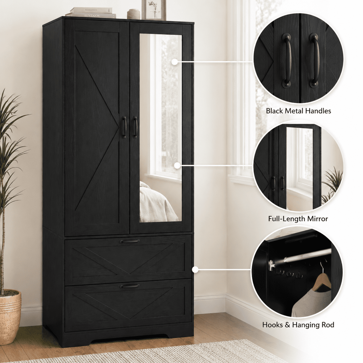 Aukfa 2-Door Wardrobe Armoire with Mirror & Built-In Induction Light, Bedroom Wood Closet with Hanging Rod & 2 Drawers,Black