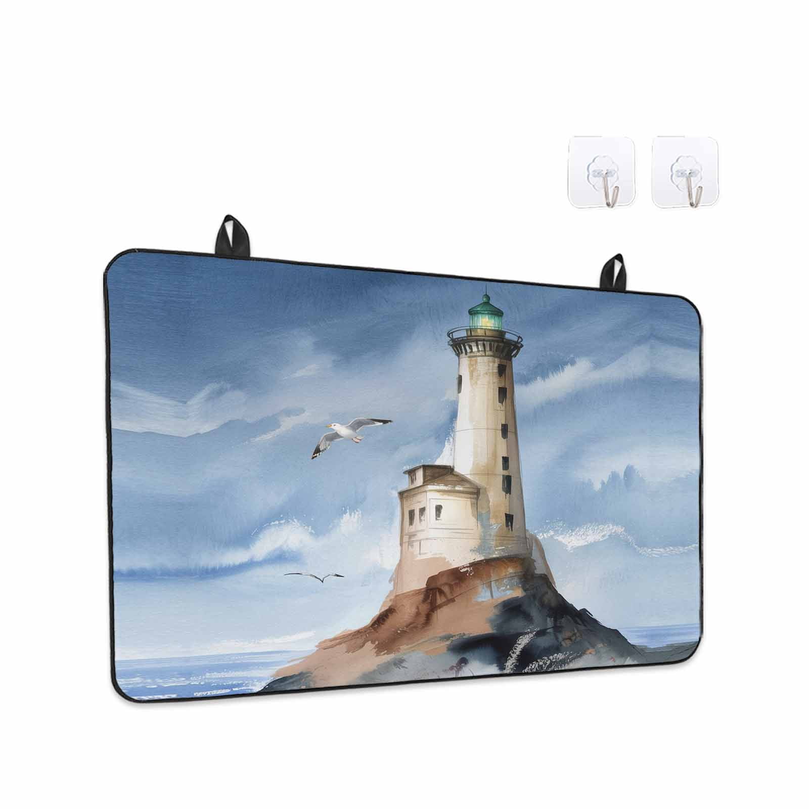 Beach Lighthouse Stove Top Cover for Electric Stove, Heat-proof & Non Slip Glass Top Stove Cover Protector, Coastal Ocean Sky Birds Oil Painting Kitchen Flat Cooktop Rubber Mat 24x21 Inches
