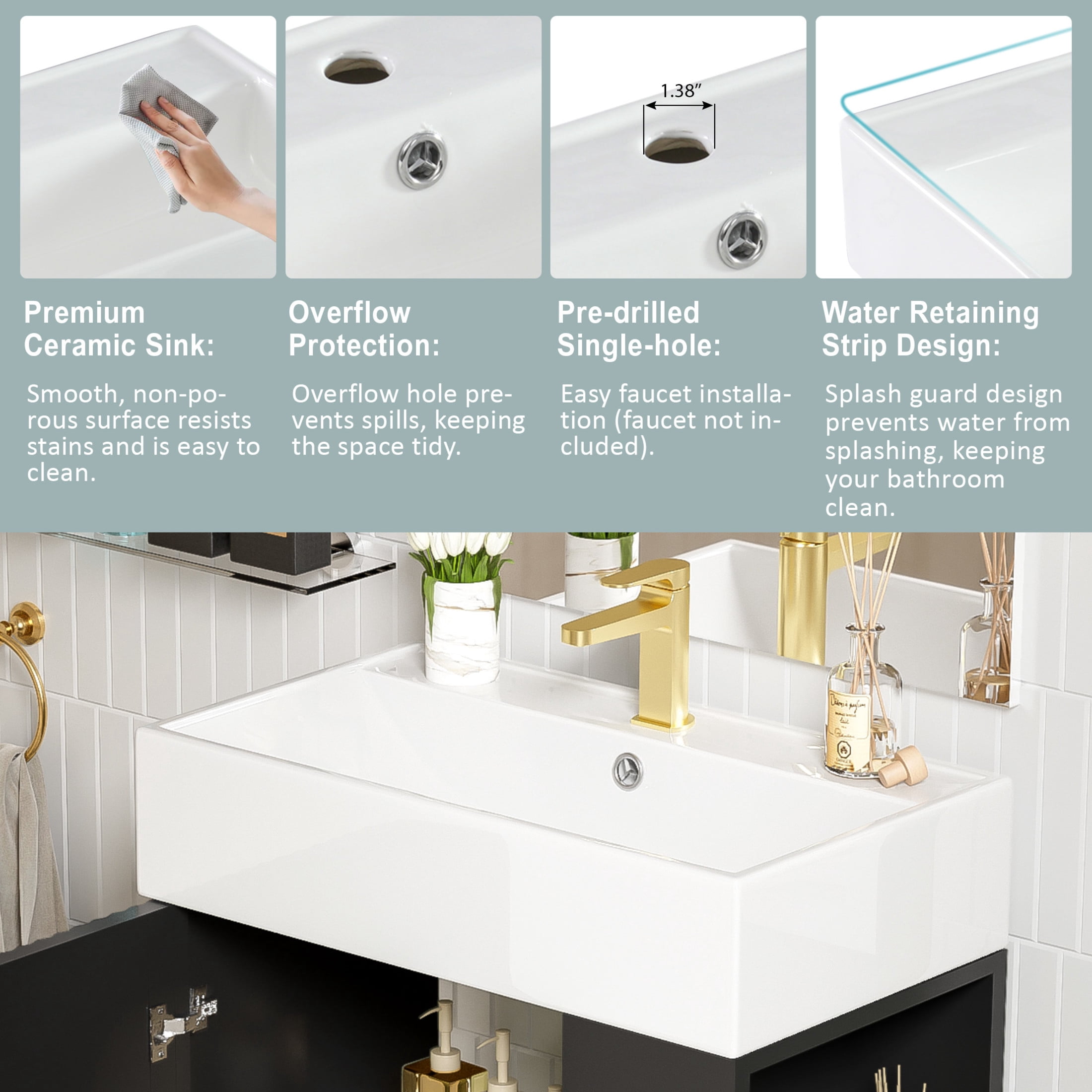 Noble House 21.6" Bathroom Vanity with Ceramic Sink, Right Side Storage Cabinet & Gold Metal Legs, Black