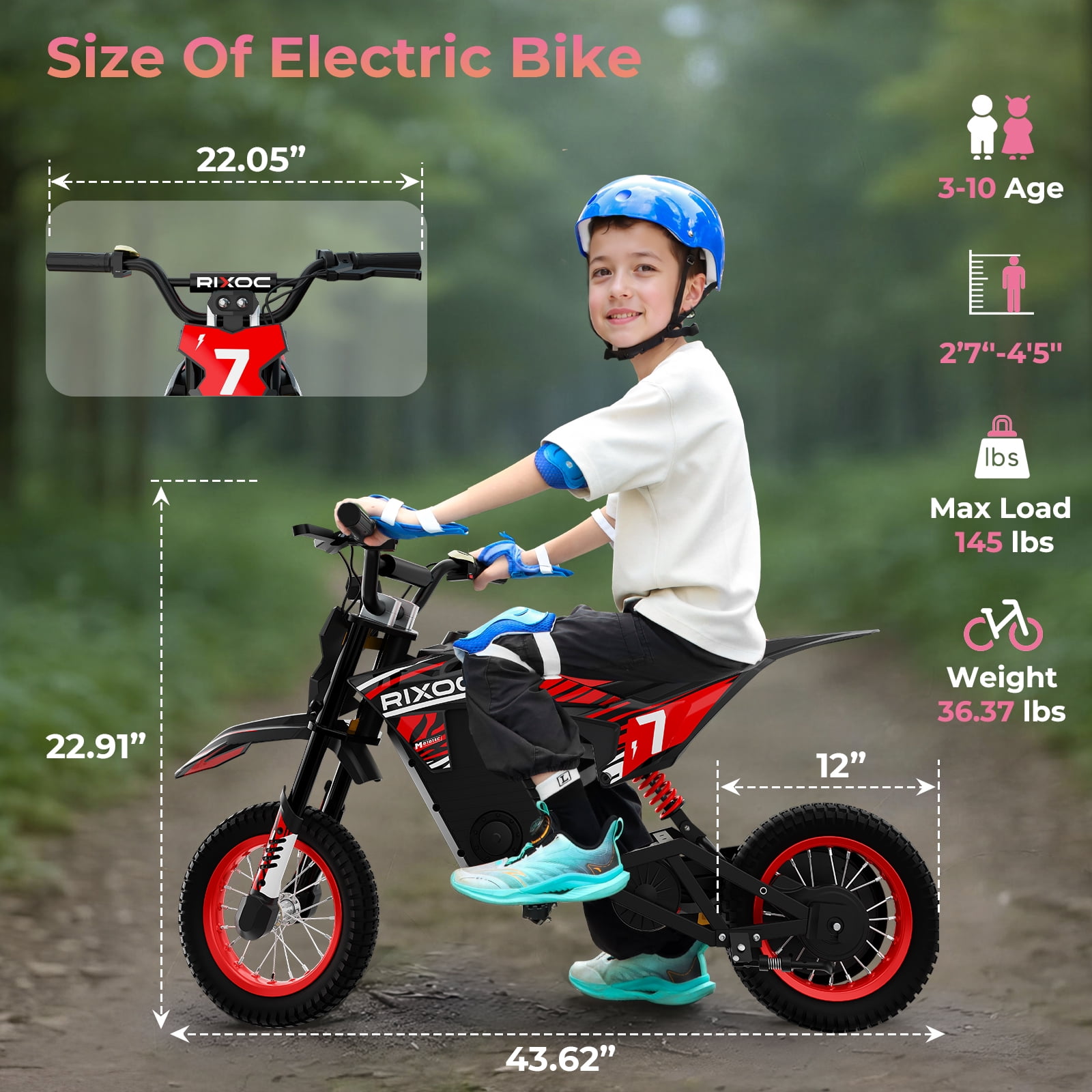 RIXOC DK-12 Electric Dirt Bike,3 Speed Modes up to 15.5 mph, 36V 5.2Ah Peak 700W Max 14Miles Electric Motorcycle for Kids Ages 3-10 UL2272