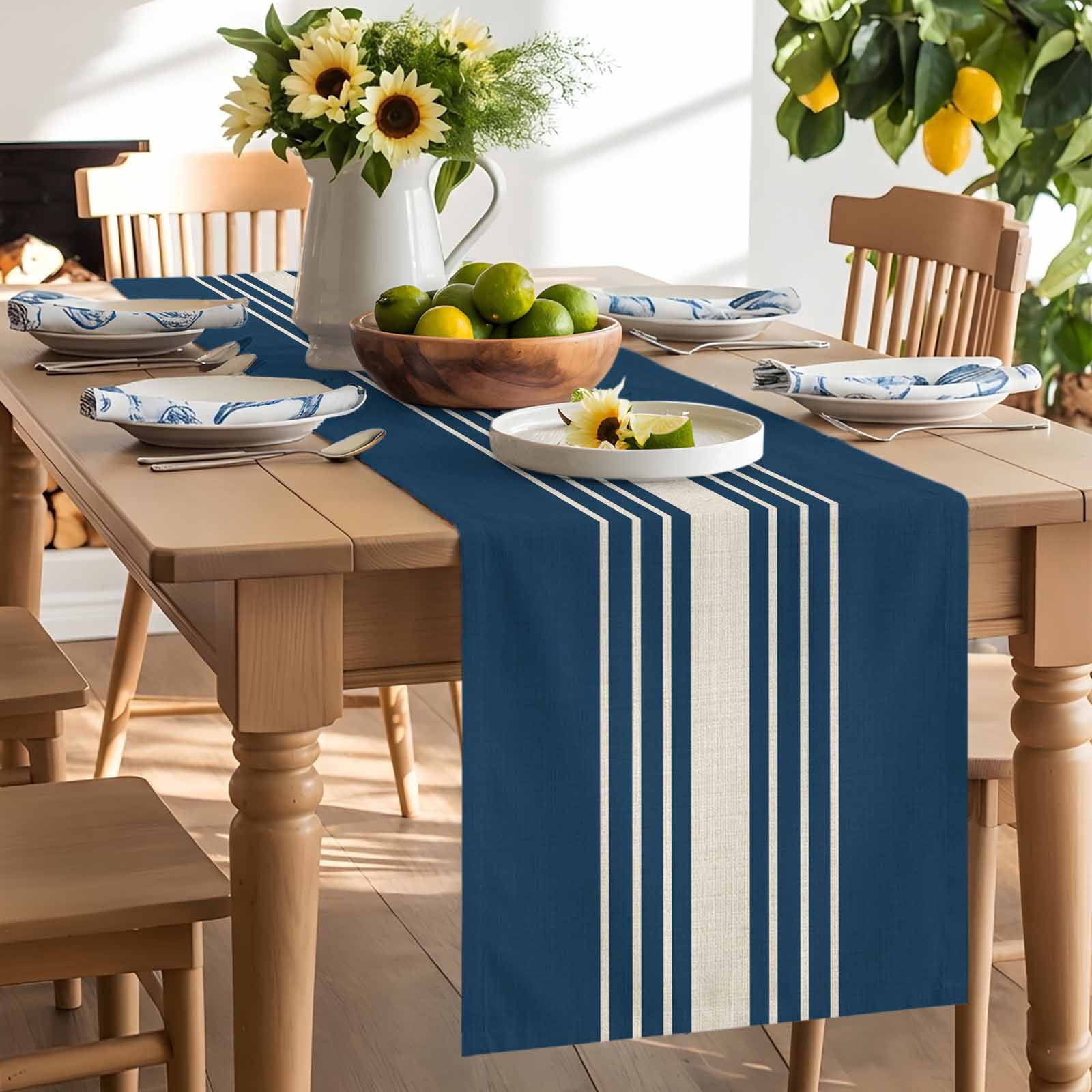 Vintage Linen Stripe on Blue Table Runner 90 Inches Long, Modern Minimalist Art Table Runners Tabletop Scarf Kitchen Dining Tables Decoration for Home Party Indoor Outdoor