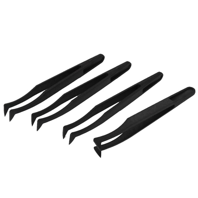 Unique Bargains 4 Pcs Plastic Curved Tip Anti Static Tweezers Nipper Black 12cm Length