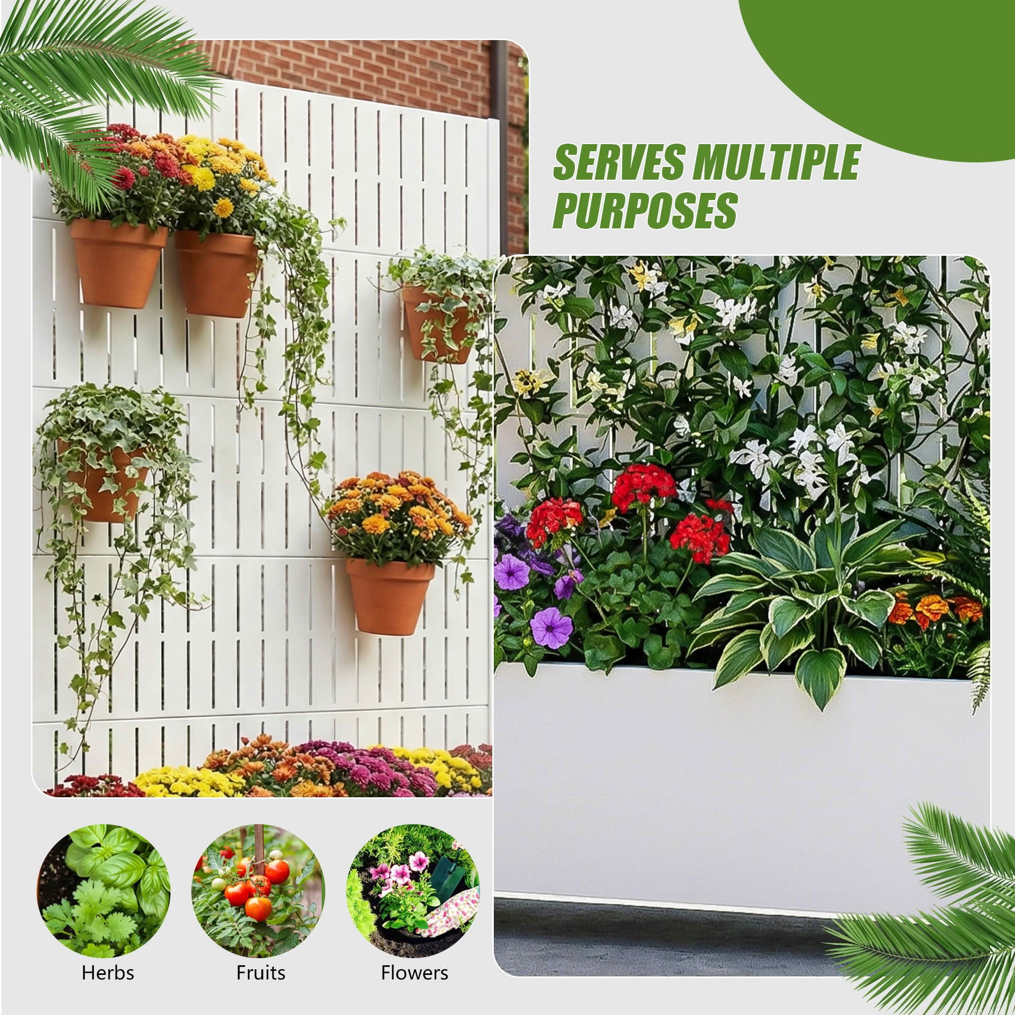 MAYEERTY 72X47" Metal Outdoor White Privacy Screen with Planter Box for Backyard & Garden, 5 Piece Set
