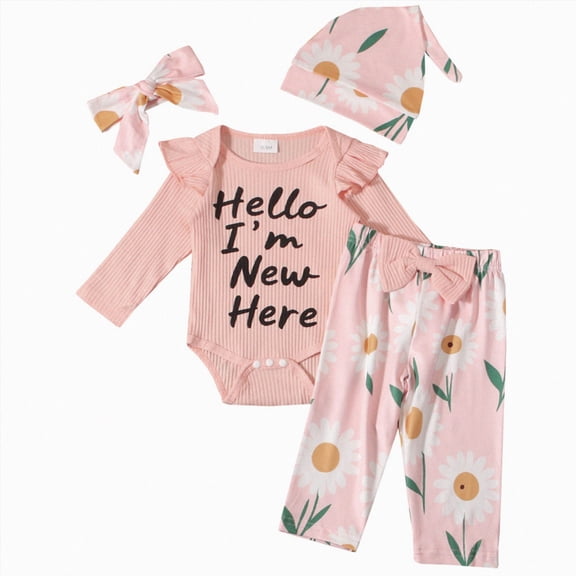 Toddler Baby Girl 4 Piece Outfit Ribbed Ruffle Long Sleeve Bodysuit Print Pants Bow Headband Hat Set Newborn Kaprioy Girls Clothes Fall Winter