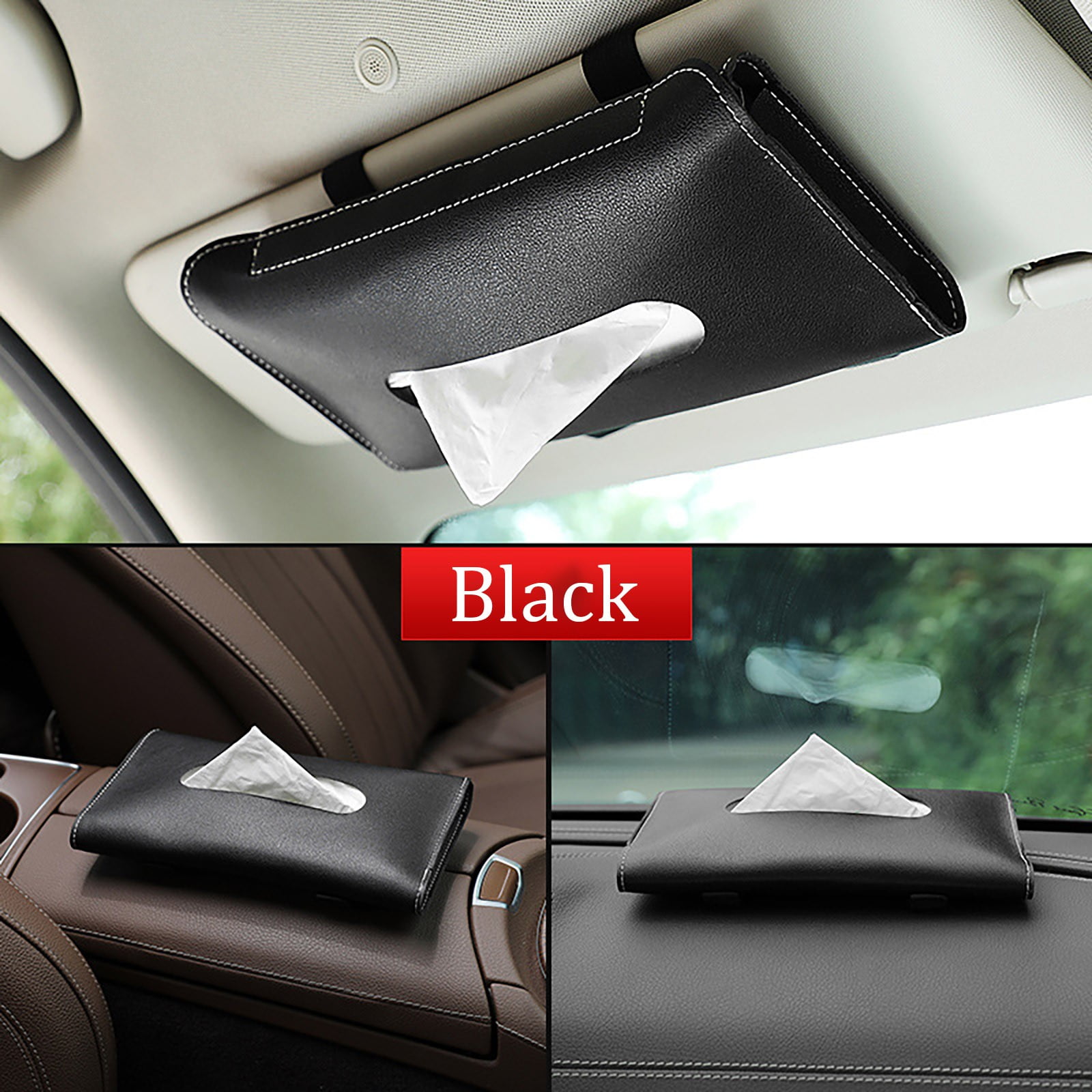 Black TANOU Sun Visor Car Tissue Box with Crystal Diamond Leather Auto Napkin Tissue Hanging Bag Holder for Car Accessories
