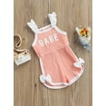 thumbnail image 3 of Kiapeise Baby Girl Sleeveless Halter Ruffle Romper Letter Print Wide Leg Romper Spaghetti Strap Knit Jumpsuit Overalls Shorts, 3 of 8